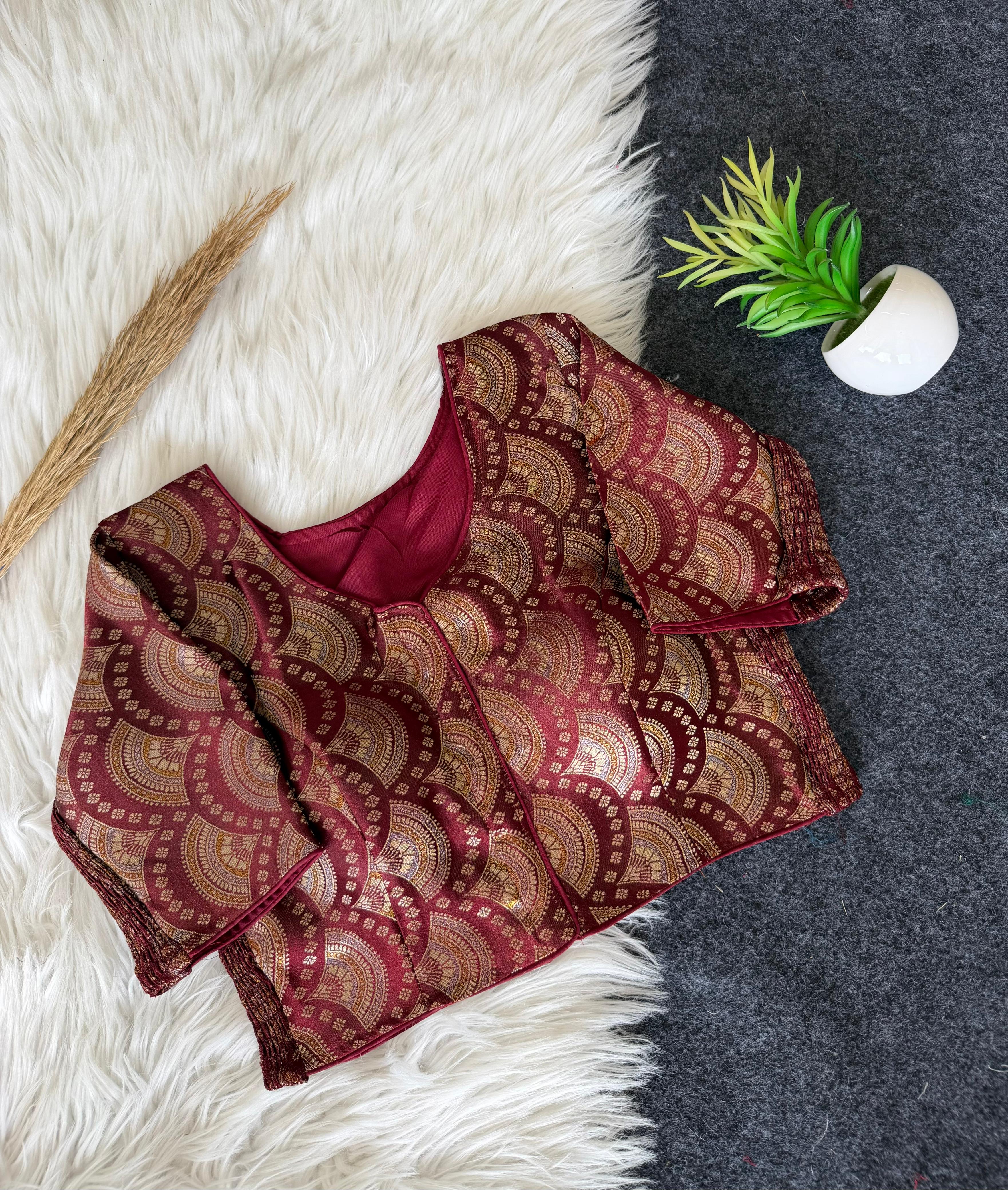Side Elastic Banarasi Blouse- Wine